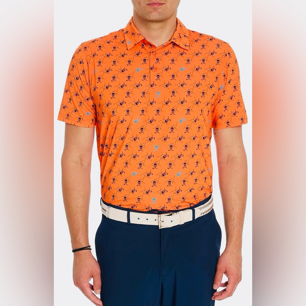 Robert Graham Men’s Stinger Performance Orange Polo Shirt Geometric Pattern XL